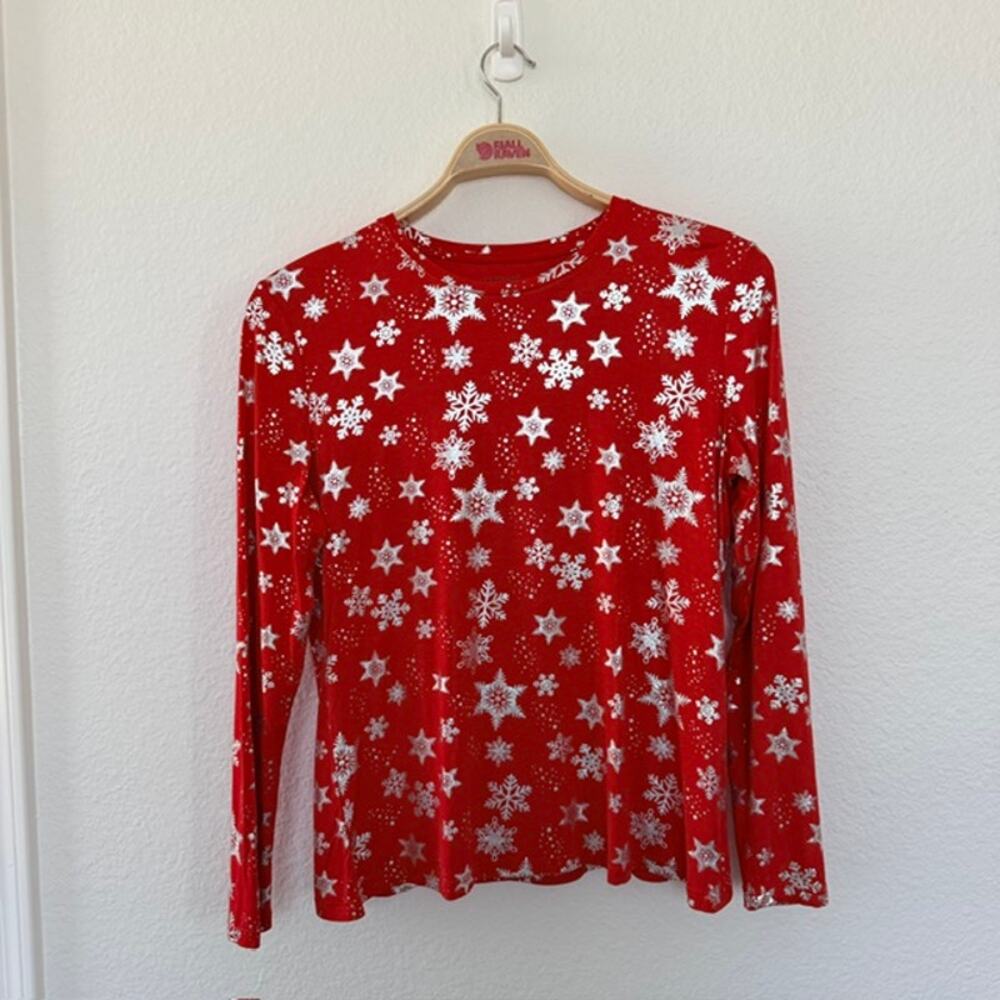 Jollidays Top Christmas Holiday Winter Snowflakes Stars Red & Silver Women's L